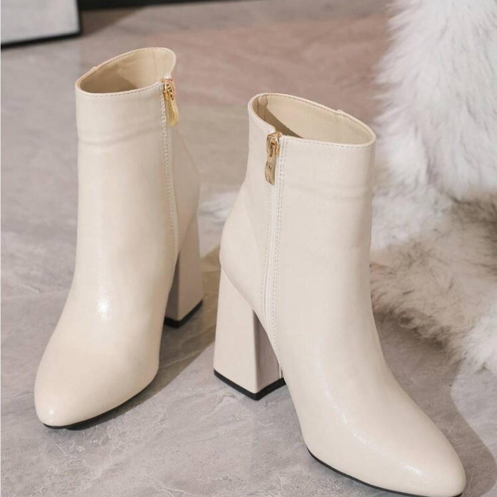 Cream Chunky Heel Ankle Booties